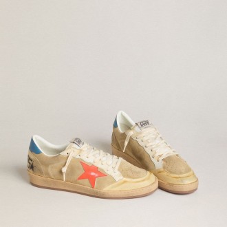 Golden Goose Ball Star In Beige Suede With Coral Leather Star And Blue Nappa Heel Tab Golden Goose Ball Star In Beige Suede With Coral Leather Star And Blue Nappa Heel Tab