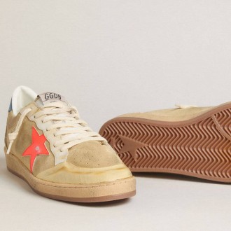 Golden Goose Ball Star In Beige Suede With Coral Leather Star And Blue Nappa Heel Tab Golden Goose Ball Star In Beige Suede With Coral Leather Star And Blue Nappa Heel Tab