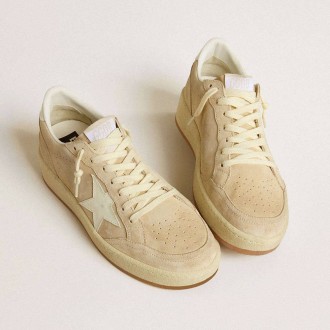 Golden Goose Ball Star In Beige Suede With White Leather Star And Heel Tab