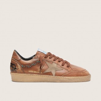 Golden Goose Ball Star In Brown Leather With Beige Suede Star And Beads