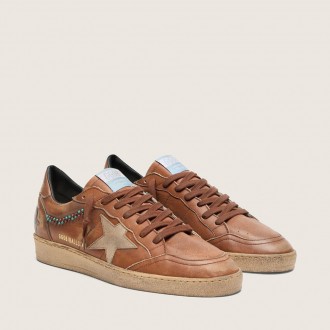 Golden Goose Ball Star In Brown Leather With Beige Suede Star And Beads