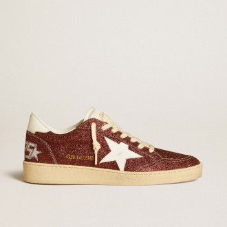 Golden Goose Ball Star In Burgundy Glitter With White Leather Star And Heel Tab