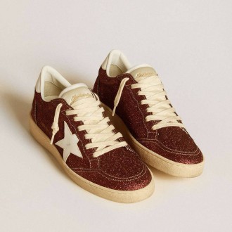 Golden Goose Ball Star In Burgundy Glitter With White Leather Star And Heel Tab