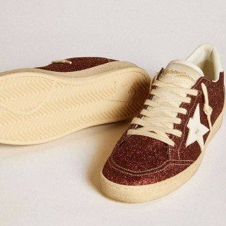 Golden Goose Ball Star In Burgundy Glitter With White Leather Star And Heel Tab