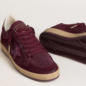 Golden Goose Ball Star In Burgundy Suede With Crystal Star And Metallic Leather Heel Tab Golden Goose Ball Star In Burgundy Suede With Crystal Star And Metallic Leather Heel Tab
