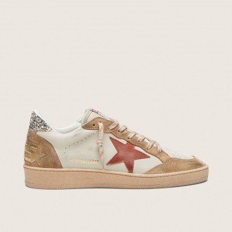 Golden Goose Ball Star In Cream Leather With Brick-Red Leather Star And Suede Inserts