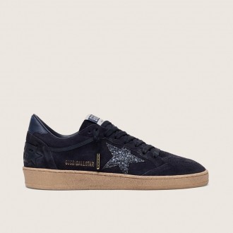 Golden Goose Ball Star In Dark Blue Suede With Dark Blue Glitter Star