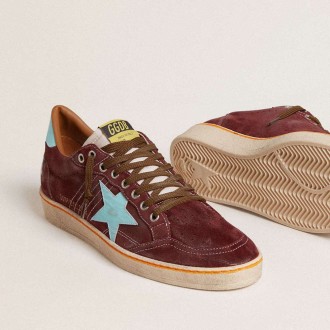 Golden Goose Ball Star In Dark Red Suede With Light Blue Star And Heel Tab