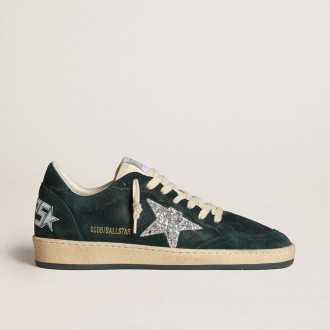 Golden Goose Ball Star In Green Suede With Silver Glitter Star
