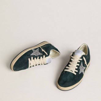 Golden Goose Ball Star In Green Suede With Silver Glitter Star Golden Goose Ball Star In Green Suede With Silver Glitter Star