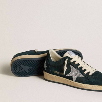 Golden Goose Ball Star In Green Suede With Silver Glitter Star Golden Goose Ball Star In Green Suede With Silver Glitter Star