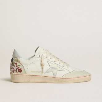 Golden Goose Ball Star In Leather With Platinum Suede Star And Multicolor Floral Embroidery