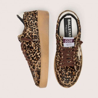 Golden Goose Ball Star In Leopard-Print Pony Skin With Platinum Leather Star And White Leather Heel Tab Golden Goose Ball Star In Leopard-Print Pony Skin With Platinum Leather Star And White Leather Heel Tab