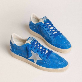 Golden Goose Ball Star In Light Blue Suede With Studs And Silver Metallic Leather Star