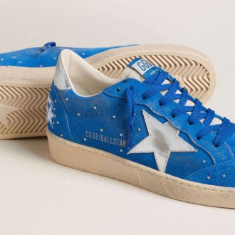 Golden Goose Ball Star In Light Blue Suede With Studs And Silver Metallic Leather Star