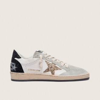 Golden Goose Ball Star In Nappa And Suede With Glitter Star And Black Heel Tab