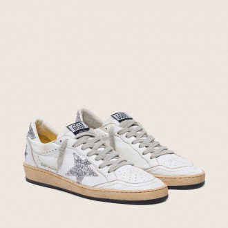 Golden Goose Ball Star In Nappa With Silver Glitter Star And Heel Tab