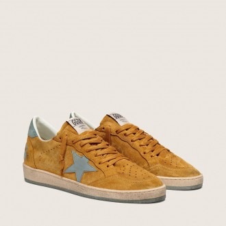 Golden Goose Ball Star In Ocher Suede With Leather Star And Light Blue Suede Heel Tab