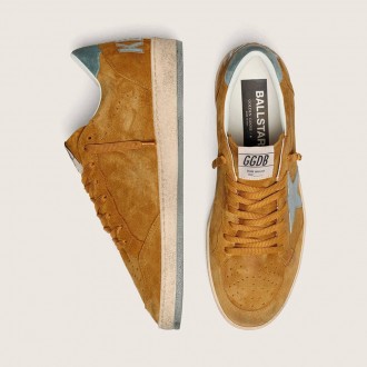 Golden Goose Ball Star In Ocher Suede With Leather Star And Light Blue Suede Heel Tab