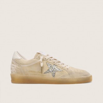 Golden Goose Ball Star In Pearl Suede With Silver Glitter Star
