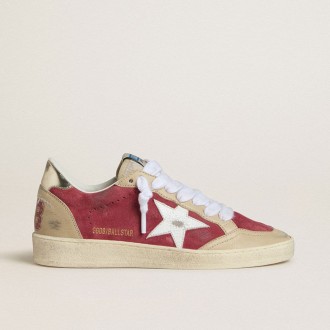 Golden Goose Ball Star In Red Suede With White Crackle Suede Star And Platinum Leather Heel Tab