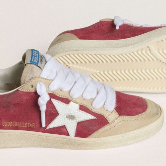 Golden Goose Ball Star In Red Suede With White Crackle Suede Star And Platinum Leather Heel Tab Golden Goose Ball Star In Red Suede With White Crackle Suede Star And Platinum Leather Heel Tab
