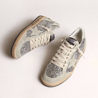 Golden Goose Ball Star In Silver Glitter With Ice-Gray Suede Inserts Golden Goose Ball Star In Silver Glitter With Ice-Gray Suede Inserts