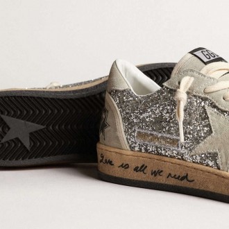 Golden Goose Ball Star In Silver Glitter With Ice-Gray Suede Inserts Golden Goose Ball Star In Silver Glitter With Ice-Gray Suede Inserts