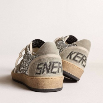 Golden Goose Ball Star In Silver Glitter With Ice-Gray Suede Inserts Golden Goose Ball Star In Silver Glitter With Ice-Gray Suede Inserts