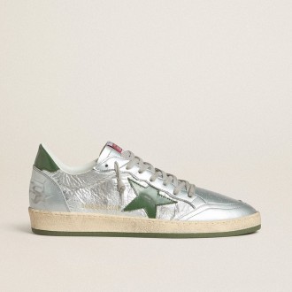 Golden Goose Ball Star In Silver Nylon With Green Leather Star And Heel Tab