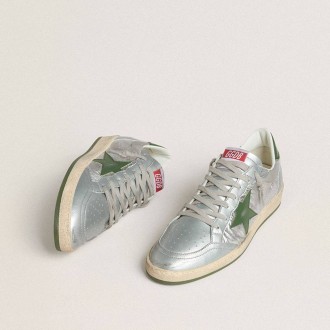 Golden Goose Ball Star In Silver Nylon With Green Leather Star And Heel Tab Golden Goose Ball Star In Silver Nylon With Green Leather Star And Heel Tab