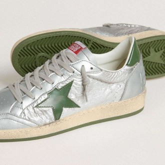 Golden Goose Ball Star In Silver Nylon With Green Leather Star And Heel Tab Golden Goose Ball Star In Silver Nylon With Green Leather Star And Heel Tab
