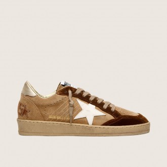 Golden Goose Ball Star In Tobacco Suede With White Leather Star And Cognac Velvet Inserts