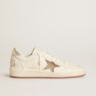 Golden Goose Ball Star In White Leather With Crystal Star And Metallic Heel Tab