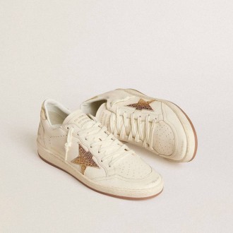 Golden Goose Ball Star In White Leather With Crystal Star And Metallic Heel Tab