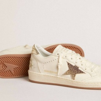 Golden Goose Ball Star In White Leather With Crystal Star And Metallic Heel Tab