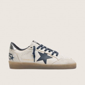 Golden Goose Ball Star In White Leather With Dark Blue Leather Star And Silver Laminated Leather Heel Tab