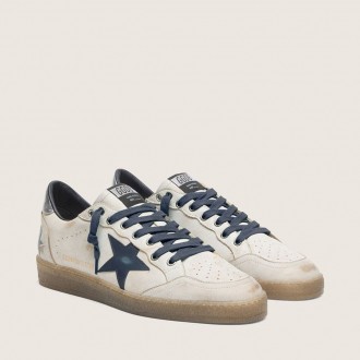 Golden Goose Ball Star In White Leather With Dark Blue Leather Star And Silver Laminated Leather Heel Tab