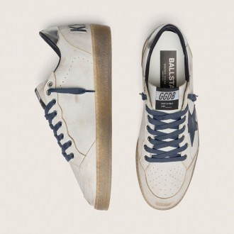 Golden Goose Ball Star In White Leather With Dark Blue Leather Star And Silver Laminated Leather Heel Tab