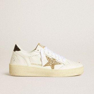 Golden Goose Ball Star In White Leather With Gold Glitter Star And Black Glitter Heel Tab