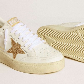 Golden Goose Ball Star In White Leather With Gold Glitter Star And Black Glitter Heel Tab Golden Goose Ball Star In White Leather With Gold Glitter Star And Black Glitter Heel Tab