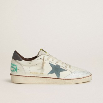 Golden Goose Ball Star In White Leather With Light Blue Suede Star And Brown Nubuck Heel Tab