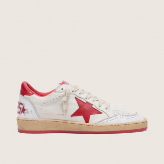 Golden Goose Ball Star In White Leather With Red Star And Heel Tab