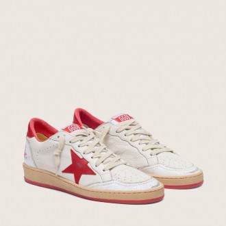 Golden Goose Ball Star In White Leather With Red Star And Heel Tab
