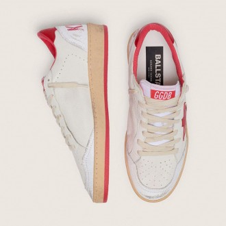 Golden Goose Ball Star In White Leather With Red Star And Heel Tab