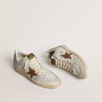 Golden Goose Ball Star In White Nappa And Mesh With Tobacco-Colored Nubuck Star And Beige Heel Tab Golden Goose Ball Star In White Nappa And Mesh With Tobacco-Colored Nubuck Star And Beige Heel Tab