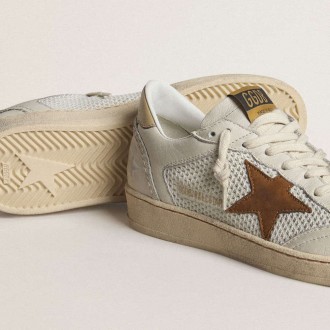 Golden Goose Ball Star In White Nappa And Mesh With Tobacco-Colored Nubuck Star And Beige Heel Tab Golden Goose Ball Star In White Nappa And Mesh With Tobacco-Colored Nubuck Star And Beige Heel Tab