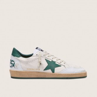 Golden Goose Ball Star In White Nappa Leather With Green Leather Star And Heel Tab