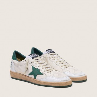 Golden Goose Ball Star In White Nappa Leather With Green Leather Star And Heel Tab Golden Goose Ball Star In White Nappa Leather With Green Leather Star And Heel Tab