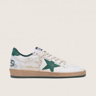 Golden Goose Ball Star In White Nappa Leather With Green Leather Star And Heel Tab